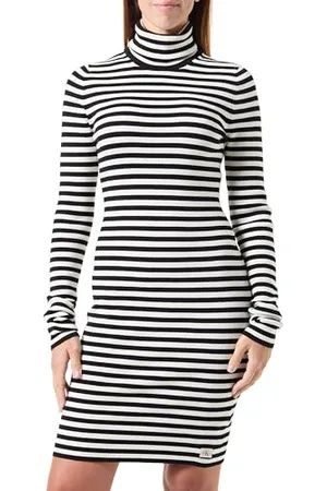 Calvin Klein Jeans Damen WOVEN LABEL TIGHT SWEATER DRESS J20J224150, White (Ivory / CK Black Stripe), L