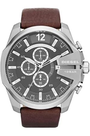 Diesel Herrenuhr Mega Chief, Chronographenwerk, 59mm Silber / Stahl Edelstahlgehäuse mit einem Lederarmband, DZ4290