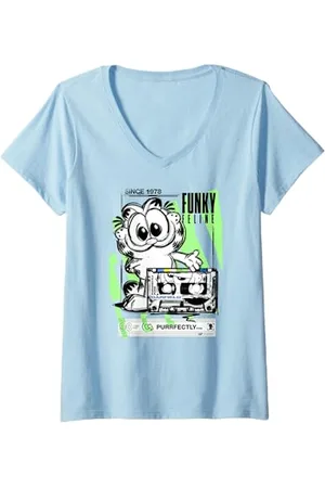 Garfield Damen - Retro Katze Kassette T-Shirt mit V-Ausschnitt