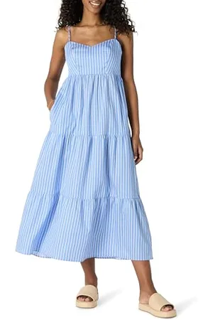 Amazon Damen Gestuftes Maxikleid Aus Baumwollsatin In Normaler Passform Mit Dünnen Riemen, , XXL
