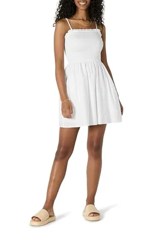 Amazon Damen Regular-Fit-Kurzkleid ausBaumwollsatin mit Gesmoktem Mieder, , XXL