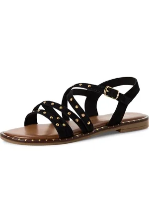 Marco Tozzi Damen Sandalen flach aus Leder mit Schließe, (Black), 41 EU
