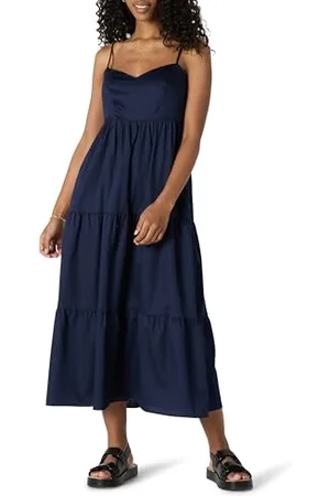 Amazon Damen Gestuftes Maxikleid Aus Baumwollsatin In Normaler Passform Mit Dünnen Riemen, , L
