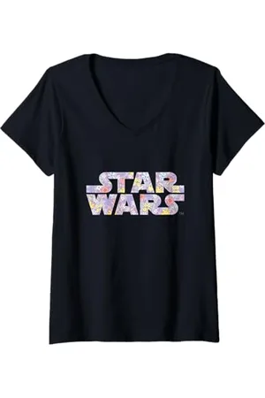 STAR WARS Damen Iconic Spring Flowers Pastel Colors Big Chest Logo T-Shirt mit V-Ausschnitt