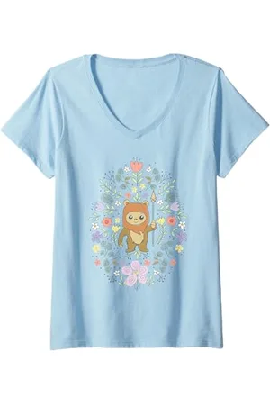 STAR WARS Damen Cute Ewok Spring Flowers Pastel Color Big Logo T-Shirt mit V-Ausschnitt