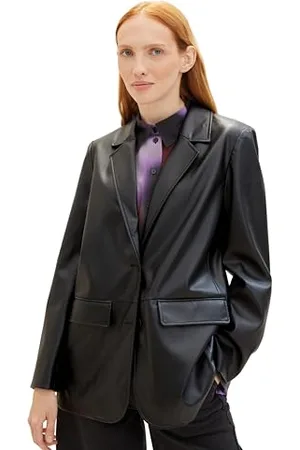 TOM TAILOR Damen Loose Fit Fake-Leder Blazer , deep black, M