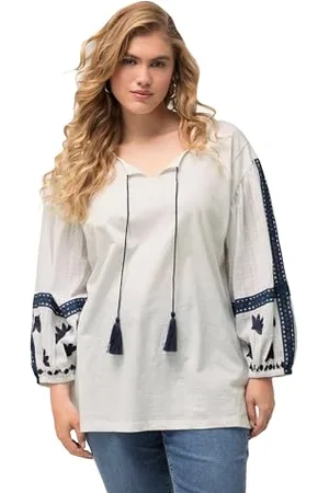 Ulla Popken Damen große Größen Übergrößen Plus Size Bluse, Stickerei, Tunika-Ausschnitt, Langarm