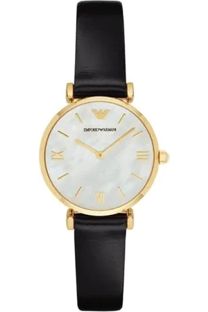 Emporio Armani Uhr für Damen , Zweizeiger Uhrwerk, 32mm Gold Edelstahlgehäuse mit einem Lederarmband, AR1910