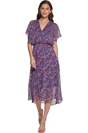 DKNY Damen Flutter Sleeve Smocked Waist Midi Dress Kleid, , 40