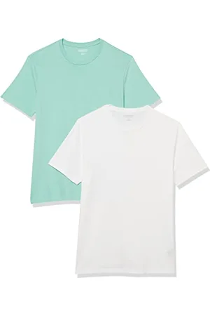 Amazon Herren T-Shirt mit kurzen Ärmeln und Rundhalsausschnitt in schmaler Passform, 2er-Pack, Aquablau/Weiß, L