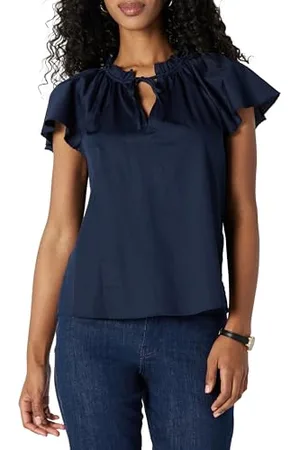 Amazon Damen Weit Geschnittene Bluse mit Volantärmeln aus Baumwoll-Satin, , XXL
