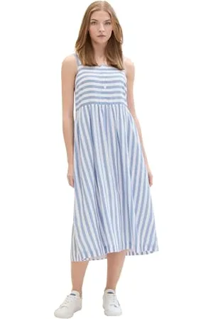 TOM TAILOR Damen Sommer-Midikleid mit Knopfen und Streifen, mid blue white stripe, L