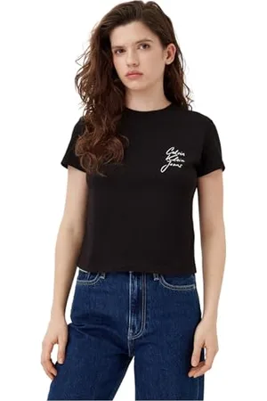 Calvin Klein Damen T-Shirts Kurzarm Script Institutional Baby Tee Rundhalsausschnitt, Schwarz , S