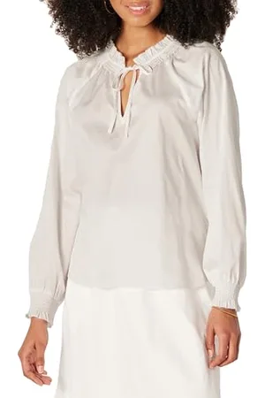 Amazon Damen Weit Geschnittene Langarmbluse mit Rüschenausschnitt aus Baumwoll-Satin (Rock Separat Erhältlich), , XL