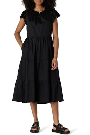 Amazon Damen Gestuftes Relaxed-Fit-Midikleid aus Baumwollsatin mit Rundhalsausschnitt, , XS