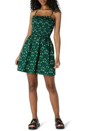Amazon Damen Regular-Fit-Kurzkleid ausBaumwollsatin mit Gesmoktem Mieder, , XS
