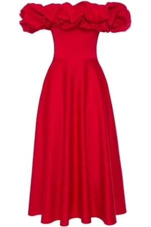 Swing Rotes ausgestelltes Midikleid mit spanischem Ausschnitt und Rüschenverzierung Grace | Größe 36