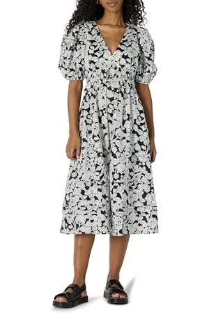 Amazon Damen Mittellanges Kleid Aus Baumwollsatin Mit Puffärmeln In Normaler Passform, , M