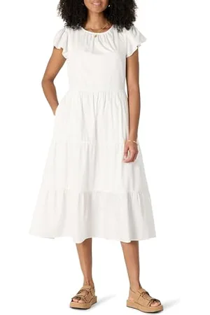 Amazon Damen Gestuftes Relaxed-Fit-Midikleid aus Baumwollsatin mit Rundhalsausschnitt, , M