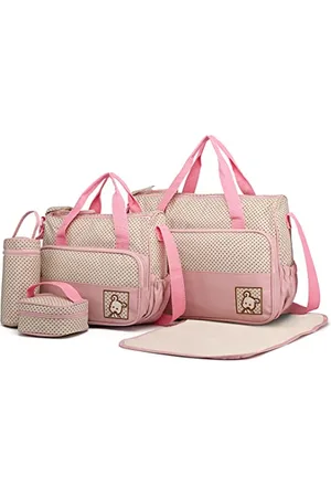 MISS LULÙ 5er-Set Baby Wickeltasche Babytasche Tasche Mutter Windeltasche Handtasche Schultertasche Flaschenhalter mit wickelunterlage (Pink)