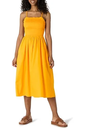 Amazon Damen Regular-Fit-Midikleid aus Baumwollsatin mit Gesmoktem Mieder, , XXL