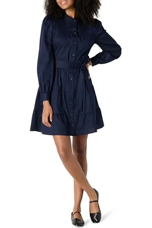 Amazon Damen Gestuftes Regular-Fit-Hemdblusenkleid aus Baumwollsatin, , S