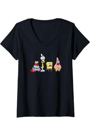 Spongebob Damen Sponge Bob - Schwammkopf Cast Group Stare T-Shirt mit V-Ausschnitt
