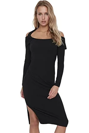 Trendyol Damen Woman Übergröße Midi Standard Rundhalsausschnitt Gestrickt Größen Kleid, , XS