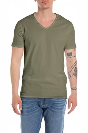 Replay Herren T-Shirt Kurzarm mit V-Ausschnitt, (Grün), XS