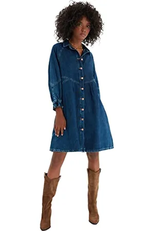 Trendyol Damen Regular A-Linie Reverskragen Denim Kleid, , 38