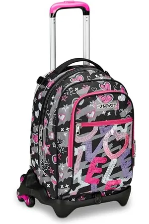 7 for all Mankind Schultrolley Jack mit 3 Rollen, Fuchsia, Draft Heart, 3 in 1, dreifacher Einsatz, Rucksack mit abnehmbarem Wagen, Trinkflaschenhalter und Crossover System, Schulrucksack für Reisen