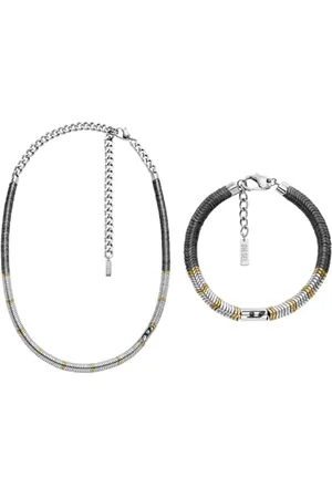 Diesel Herren D-Logo Silberfarbene Halbedelstein Halskette und Armband, Set
