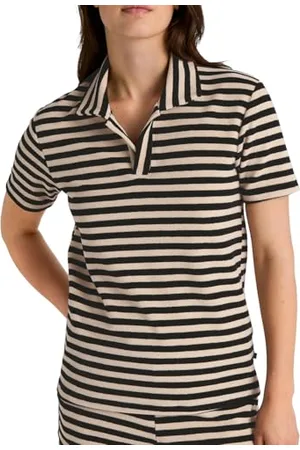 Calida Lounge Stripe Polo-Shirt Damen, Frottee-Struktur, Polokragen, natürlich atmungsaktiv, gerader Schnitt