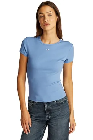 Tommy Hilfiger Damen T-Shirt Kurzarm Essential Rib Slim Fit, Blau (Colorado Blue), XL