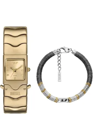Diesel Herren Closer Goldfarbene Edelstahl Uhr und D-Logo Armband Silberfarben Halbedelstein, Set