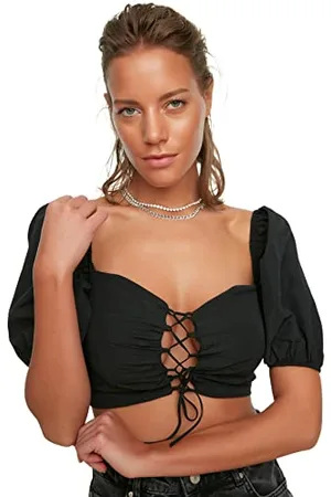 Trendyol Damen Women Fitted Bodycon Strapless Woven Blouse Beachwear Figurbetonte, trägerlose, gewebte Bluse, Black, 36
