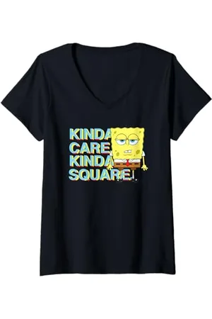 Spongebob Damen Sponge Bob - Schwammkopf Kinda Care Kinda Square T-Shirt mit V-Ausschnitt