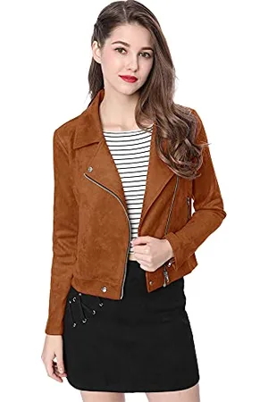 Allegra K Kurze Damen-Bikerjacke, weich, mit Reißverschluss, Wildlederimitat, Bikerjacke, , L