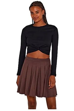 Noisy May Damen Cropped Shirt | Kurz Geripptes Langarm Basic Oberteil | Knoten Detail Bauchfrei NMDRAKEY, Farben: , Größe:XL