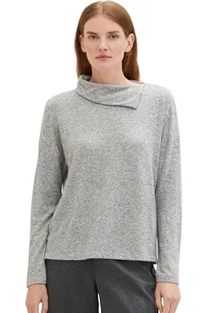 TOM TAILOR Damen Langarmshirt mit asymmetrischen Rollkragen, medium silver grey melange, XXL