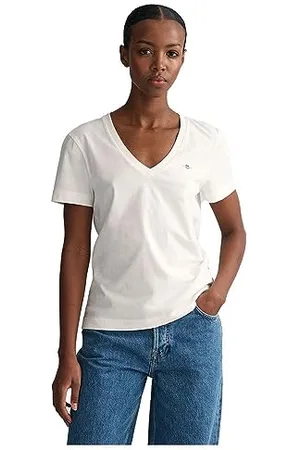 GANT Damen REG Shield SS V-Neck T-Shirt, White, L