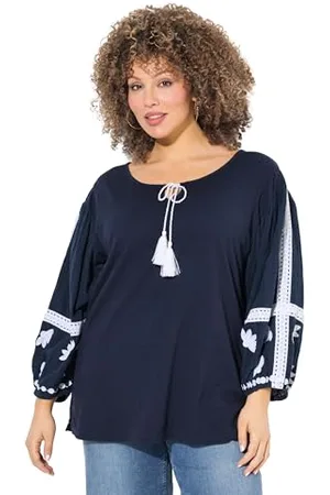 Ulla Popken Damen große Größen Übergrößen Plus Size Bluse, Stickerei, Tunika-Ausschnitt, Langarm