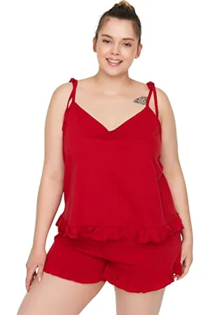Trendyol Damen Women Plain Knit Camisole-Shorts Plus Size Pajamas Set Pyjama, , XL Größen (2er Pack)