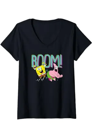 Spongebob Damen Sponge Bob - Schwammkopf Patrick Boom T-Shirt mit V-Ausschnitt