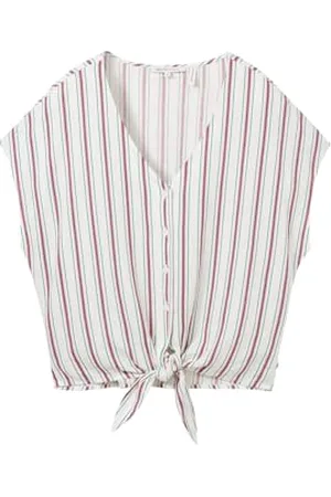 TOM TAILOR Damen Bluse mit Knotendetail und Leinen-Anteil, multicolor vertical stripe, XS