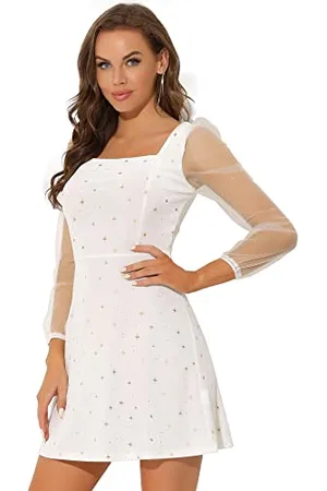 Allegra K Damen Weihnachtskleid, Netzstoff, durchscheinend, Puffärmel, quadratischer Ausschnitt, Glitzerstern, Mini-Samtkleid, , Klein