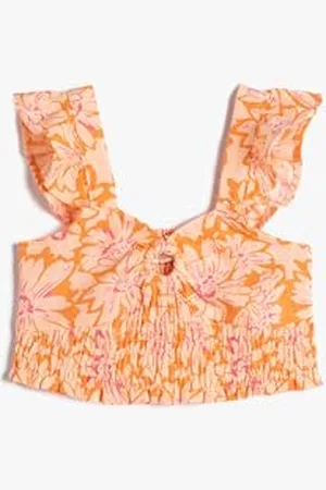 Koton Girls Linen Crop Blouse Sleeveless Flower Printed Gimped Detail