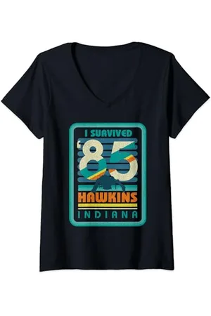 Stranger Things Damen Demogorgon-Poster, Vintage-Stil, Hawkins Indiana 85 T-Shirt mit V-Ausschnitt