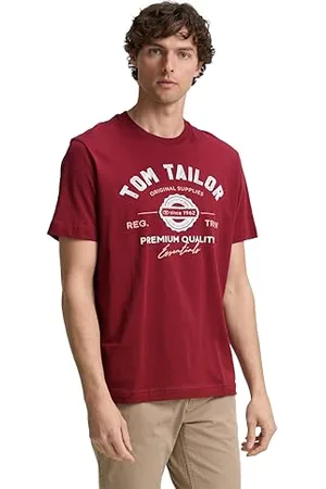TOM TAILOR Herren 1037735 T-Shirt aus Baumwolle mit Logo-Print, 25652-Burned Cordovan Red, XS