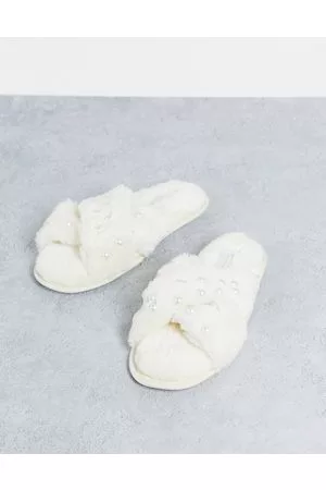 Accessorize Damen Hausschuhe - – Flauschige Pantoffeln mit Kunstperlen in Creme
